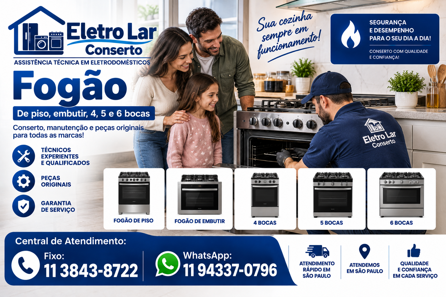 Fogão — de piso, embutir, 4, 5 e 6 bocas